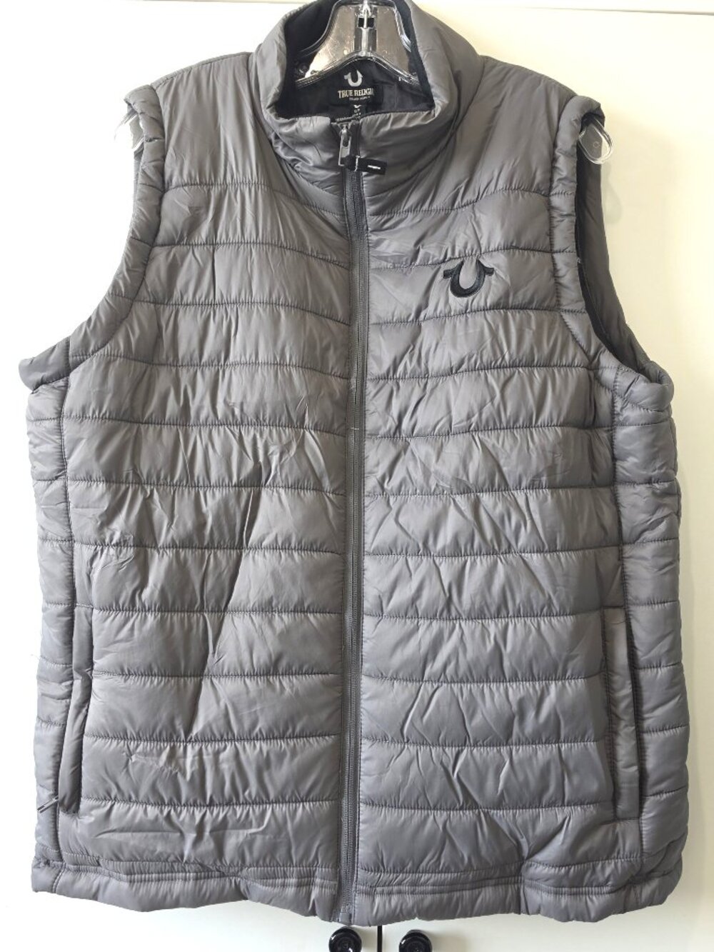 True Religion Men's Puffer Vest Small Gray Quilted Horseshoe Logo Full Zip